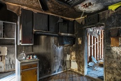 Interior of a home damaged by fire.