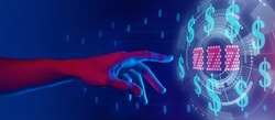 online casino and gambling concept, hand touching shining sign 777 and dollars symbols, blue horizontal neon banner