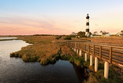 Beautiful sunrise over Bodie Island Lighthouse at Nags Head, Outer banks, North Carolina, USA. The lighthouse was built in 1872 and stands 156 ft tall and  is located on the Roanoke Sound side, NC.