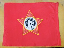 Red soviet flag with the image of young Lenin on the wooden background