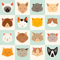 Set of cute cats icons, vector flat illustrations. Cat breeds, pattern, card, game graphics.