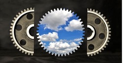 Gearwheel ​and white clouds in the blue sky