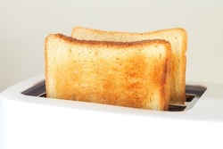 Sliced hot roasted toast bread in modern white toaster on kitchen table close-up