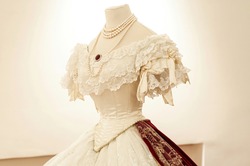 Princess gown, historical fashion, lace bardot neckline, pearl necklace