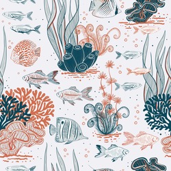 Vector hand drawn aquarium life seamless pattern print background.