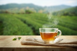 Tea cup with green tea leaf on the wooden table and the tea plantations background