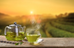Green tea cup and glass jars with fresh green tea leaves on the wooden table and the tea plantations background with copy space