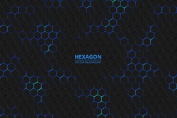 Hexagonal background. Bright blue neon flashes under the hexagon in the lighting technique. Dark honeycomb texture.