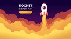 Rocket launch in the sky flying over clouds. Space ship in smoke clouds. Business concept. Start up template. Horizontal background. Simple modern cartoon design. Flat style vector illustration.
