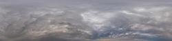 Sky panorama on overcast rainy day with low clouds in seamless spherical equirectangular format. Complete zenith for use in 3D graphics, game and for aerial drone 360 degree panorama as a sky dome.