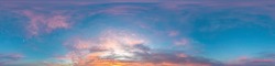 Sky panorama on sunset with Stratocumulus clouds in Seamless spherical equirectangular format as full zenith for use in 3D graphics, game and in aerial drone 360 degree panoramas for sky replacement.