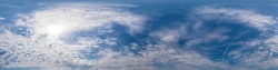 Blue sky panorama with Cumulus clouds. Seamless hdr 360 degree pano in spherical equirectangular format. Complete zenith for 3D visualization, game and sky replacement for aerial drone 360 panoramas.