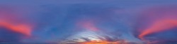 Panorama of a dark blue evening sky with pink Cumulus clouds. Seamless hdr 360 panorama in spherical equiangular format. Full zenith for 3D visualization, sky replacement for aerial drone panoramas.