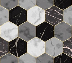 Vector white, gray and black hexagon marble seamless pattern. Repeat chaotic marbling surface with gold geometric elements, modern luxurious background, wallpaper, textile print and tile.