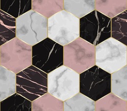 Vector white, pink and black hexagon marble seamless pattern. Repeat chaotic marbling surface with gold geometric elements, modern luxurious background, wallpaper, textile print and tile.