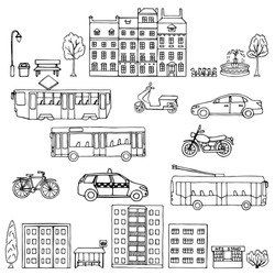 Set urban hand drawn transportation. Vector illustration for backgrounds, card, posters, textile prints, covers, fliers