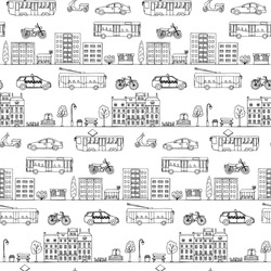 Seamless pattern with hand drawn city street elements. Vector illustration of urban transportation doodles for backgrounds, card, posters, textile prints, covers, fliers