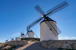 view of the windmills of consuegra, 19th century, Cervantes was inspired to write Don Quixote, Toledo