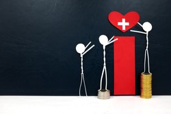 Stick figure reaching for a red heart shape with cross cutout while stepping on stack of coins. Healthcare and medical care access inequality concept.
