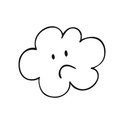 A sad cloud on a white background. Vector contour illustration. Funny cloud Doodle. Logo on the theme of ecology and weather forecast. Funny children's illustration, pencil sketch by hand.