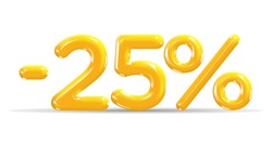 25 percent Off. Discount creative composition of golden or yellow balloons. 3d mega sale or twenty five percent bonus symbol on white background. Sale banner and poster. Vector illustration.