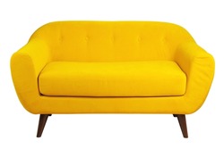 stylish yellow sofa with wooden legs in retro style, isolated on a white background