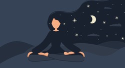 Woman in yoga lotus practices meditation at night outdoor. Nature background with moon. Banner, card or landing page template. Vector illustration in flat style. Young woman meditating