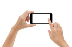 hand holding phone mobile and touching screen isolated on white background, mock-up smartphone matte black color