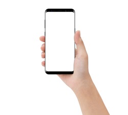 close-up hand touching phone isolated on white, mock-up smartphone blank screen easy adjustment with clipping path