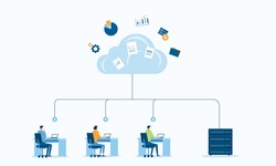 business technology storage cloud computing service concept with administrator and developer team working on cloud. business people working online connecting with cloud from anywhere concept. Flat vec