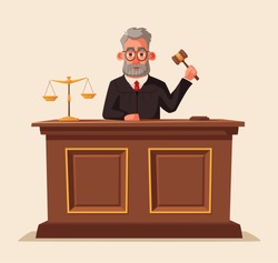 Judge character with hammer. Cartoon vector illustration