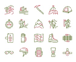 Vector color linear icon set of rock climbing. Outline symbol collection of alpinism, mountaineering, equipment, hiking, tourism, outdoor hobby concept. Modern thin line flat elements for website, app
