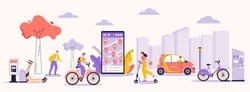 Vector character illustration of urban infrastructure and modern lifestyle. Man, woman using rental service: skateboard, kick scooter, bicycle, electric car. Mobile app for search, rent eco transport