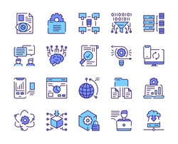 Vector color linear icon set of data. Outline symbol collection of datum analysis, charts, graphs, traffic, Big Data, reports statistics, global connection, online communication, personal information