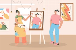 Female artist drawing portrait of young girl on canvas at workshop. Woman painting female model standing in front easel at art studio. Profession or creative hobby. Vector character illustration