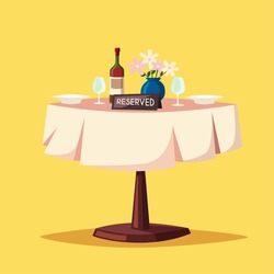 Reserved sign on the table in restaurant. Cartoon vector illustration. Dinner date. Celebration at the cafe. Food and drink theme. Romantic evening. 