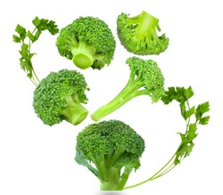 Levitation of broccoli and parsley on a white isolated background. Equilibrium floating vegetables. Monochrome minimalistic composition. Balancing veggies. 