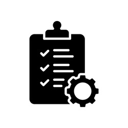 Clipboard and gear icon. Project management concept solid style. Technical support check list with cog. Software development concept. Vector illustration for web and app. EPS 10