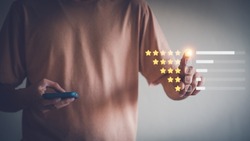 Mobile Satisfaction Scoring Business Image Five-star ratings for customer service satisfaction review feedback. and review scores, reviews, business surveys.