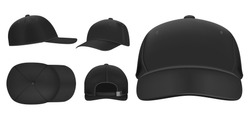 Black cap mockup. Sport baseball caps template, summer hat with visor and uniform hats different views realistic 3D vector set. Headwear illustrations collection. Cap front, top, side, back view