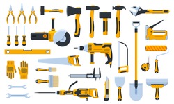 Construction tools. Building repair hand tools, renovation kit, hammer, saw, drill and shovel. Home repair tool vector illustration icons set. Repair tool, hammer and trowel, paintbrush and saw