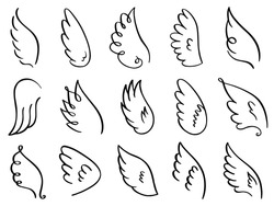 Doodle wings. Hand drawn angel flight feather, elegant angel wings, heaven angels wings sketch vector illustration icons set. Angel bird and dove winged, wing drawn tattoo contour