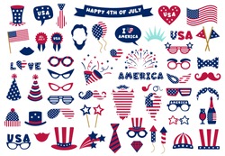Photobooth USA patriotic props. Celebration photobooth mask, American glasses, mustache and hat, photo props vector symbols set. American party, mask booth independence holiday illustration