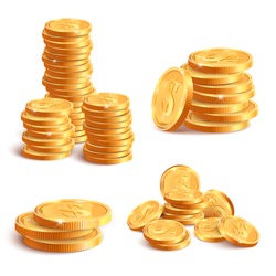 Realistic coins pile. Golden coin dollar stack, 3D jackpot coins, gold treasure prize, cash coin piles isolated vector illustration icons set. Gold money heap, gambling or banking concept