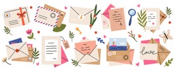 Mail envelopes. Post cards, envelopes, post stamps, craft paper letters and mail envelopes. Postage cards, cute envelopes vector illustration set. Love messages with stickers and plants