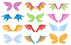 Cartoon dragon fairy tail dragon fairy birds creatures wings. Magical legends animals or creatures flying wing vector illustration set. Fantasy characters wings dinosaur or reptile flying