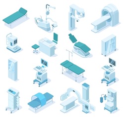 Isometric medical diagnostic, hospital health equipment. Medical scanner MRI, x-ray scanner and dental chair vector illustration. Ambulance technology equipment. Medical x-ray diagnostic and mri 3d