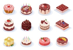 Isometric birthday event tasty strawberry, vanilla, chocolate cakes. Delicious 3d frosted party cakes vector illustration set. Sweet birthday cakes. Tasty birthday food, dessert and cake