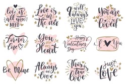 Love romantic valentines day handwritten lettering phrases. Romantic positive quotes, elegant love slogans vector illustration set. Valentines day calligraphy. Envelope with lovely message