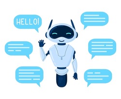 Cartoon chat bot character, cute online assistant. Friendly personal assistant, smiling chatbot with speech bubbles vector illustration. Chatbot customer service. Digital smart technology